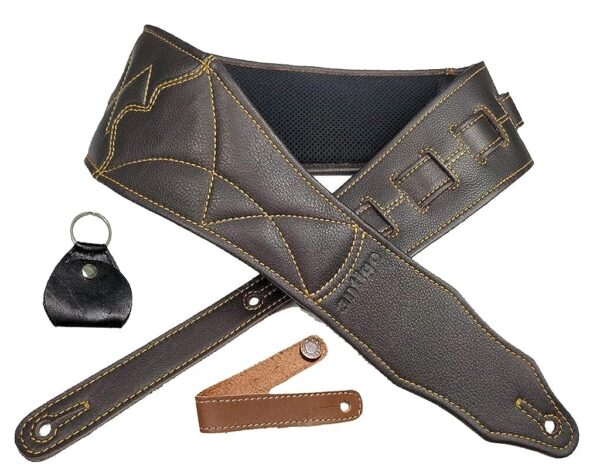 Antigo 4 inch Wide 15mm Cushion Padded Bovine Leather Strap Belt with NAME CUSTOMIZATION for BASS ELECTRIC ACOUSTIC HEAVYMETAL GUITARS Adjustable Length 42-56 Inch with PICK HOLDER RVD-G-010