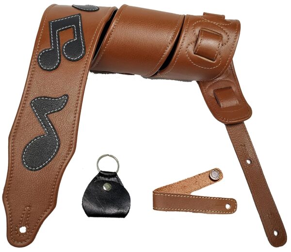 Antigo Leather Guitar Strap Belt for Acoustic Electric Folk Bass Heavy Guitar 3 Inch Wide Super Padded Back Side provides Extra Comfort with Music Notations Adjustable Length ANTIQUE TAN G-023