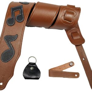 Antigo Leather Guitar Strap Belt for Acoustic Electric Folk Bass Heavy Guitar 3 Inch Wide Super Padded Back Side provides Extra Comfort with Music Notations Adjustable Length ANTIQUE TAN G-023